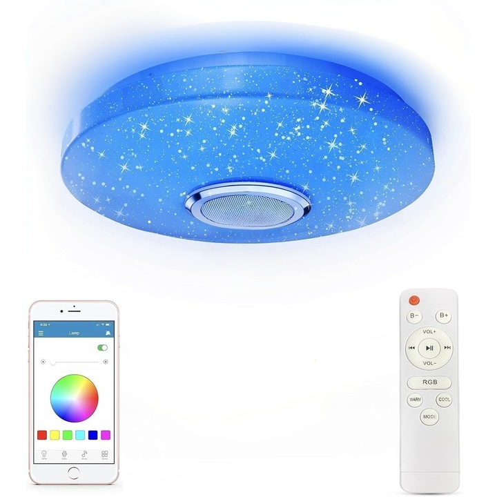 Смарт LED плафон, Excitat, 38W, защита на очите и пестене на енергия, 30 см, водоустойчив, с високоговорител и Bluetooth, с управление от приложение и дистанционно управление
