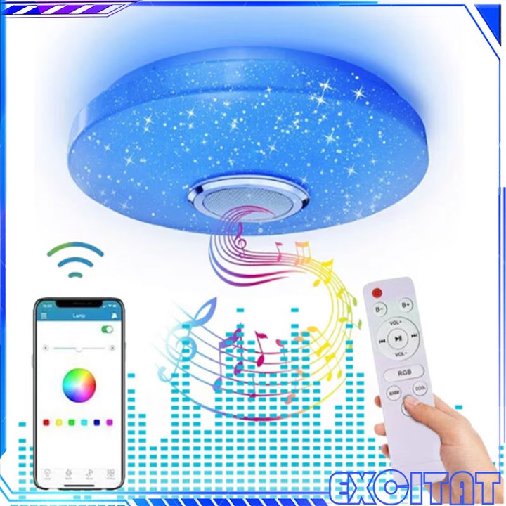 Plafoniera LED inteligenta, Excitat®, 38W, protectie ochilor si economie de energie, 30 cm, rezistenta la apa, cu difuzor si Bluetooth, cu control prin aplicatie si telecomanda