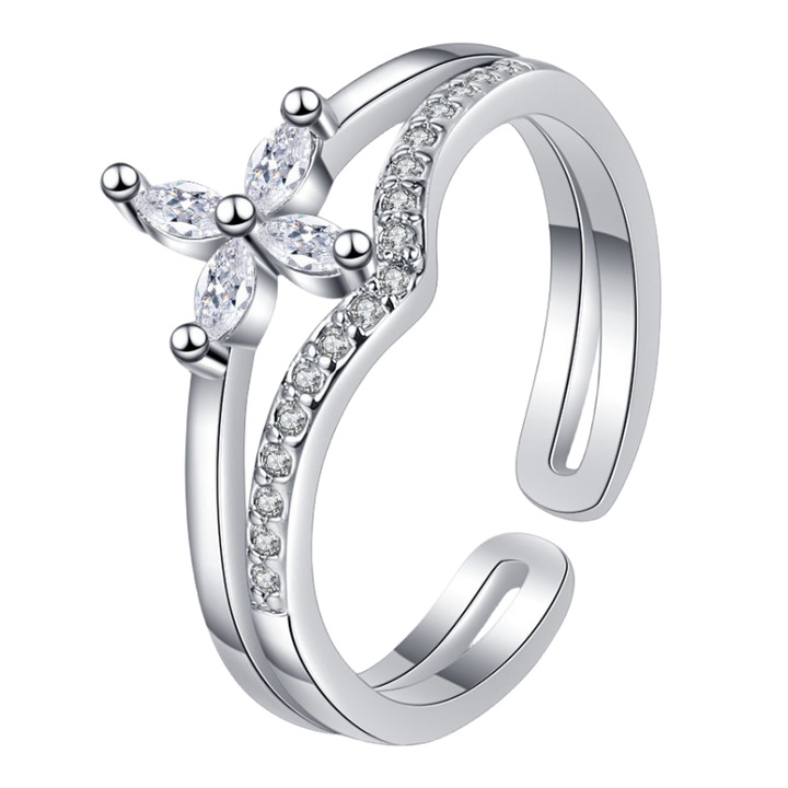 Inel floral dublu strat, zircon, aur alb 18k, dimensiune reglabila