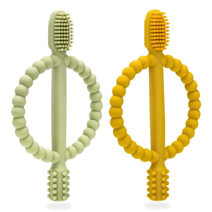 Fogzásgátló játék, JENUOS, Könnyen megfogható és tisztítható, Élelmiszer-minőségű szilikon, BPA-mentes, Sárga/zöld