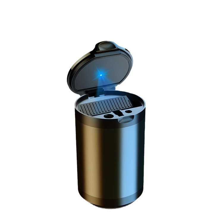 Преносим пепелник Rqiurpn, неръждаема стомана, запечатан капак, синя LED светлина, черен, 160x70 mm