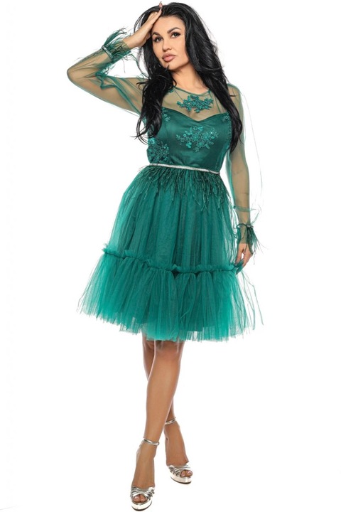Къса рокля "Ema" с пола от тюл, апликирана волана, топ с бродирана дантела и естествени пера, Зелена, 3XL, HelenBoutique, Зелен