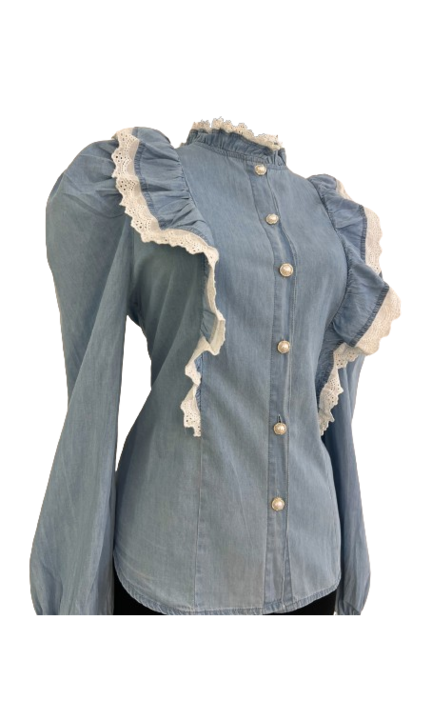 Női farmer ing csipkével a gallérján és az ujján, pamut, S INTL