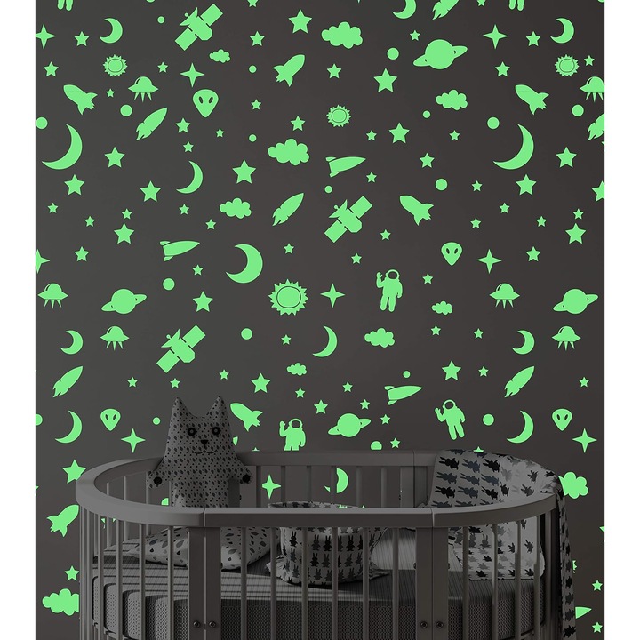 Set 304 Stickere Autoadezive Copii Fosforescente pentru Perete/Mobila/Tavan, Model Interstelar cu Astronauti, Rachete, Norisori si Semilune, Luxer