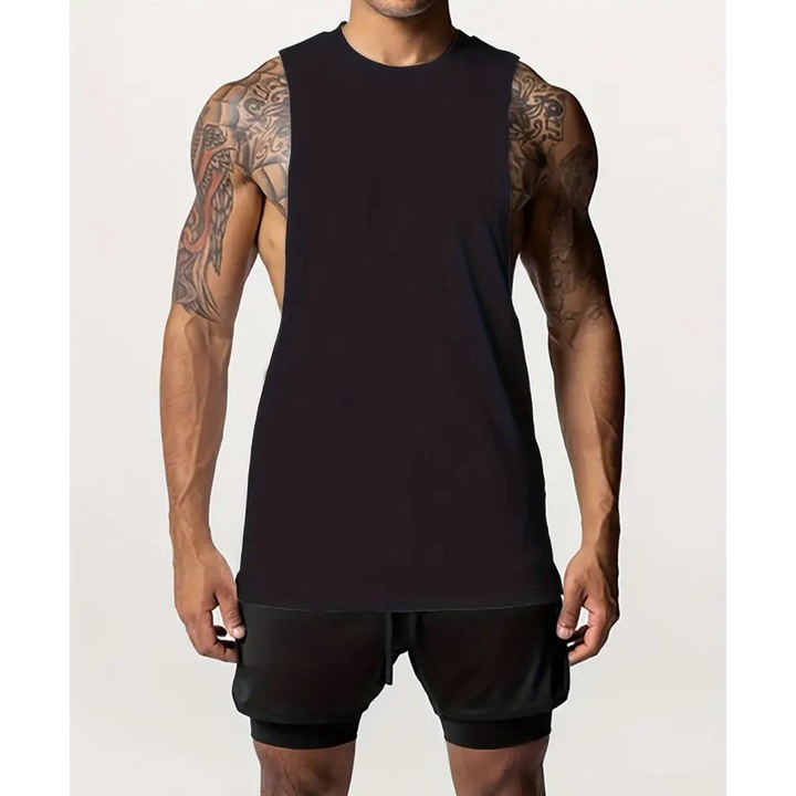 Мъжки спортен потник за фитнес или тренировка черен, Черен