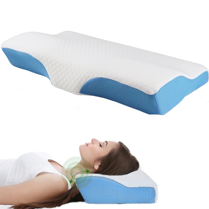 Perna de dormit anatomica si ortopedica cu suport cervical, Din spuma cu memorie, 62×32×10cm, 1.2kg, Albastra/Alb