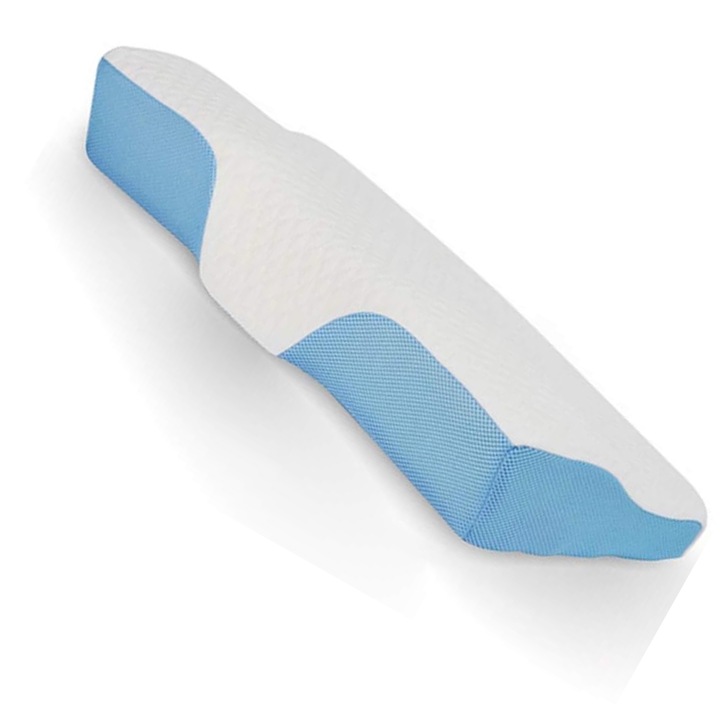 Anatómiai és ortopéd hálópárna nyaktámaszsal, memóriahab, 62×32×10 cm, 1,2 kg, kék/fehér