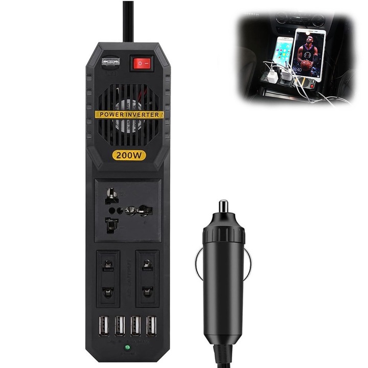 Invertor de Tensiune Auto, Dc/Ac 12v/220v, Adaptor priza EU/UK/USA/AU, 4xUSB 2.1, Negru