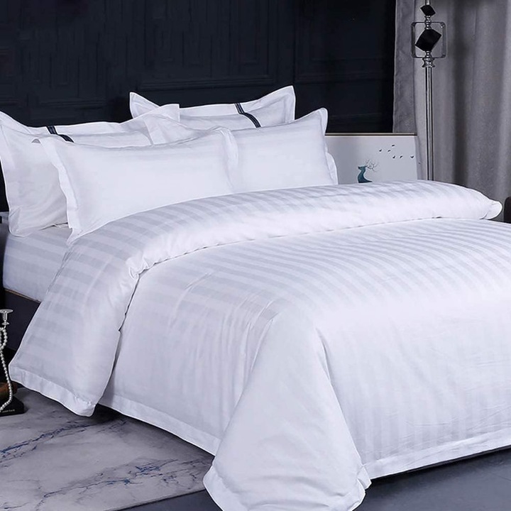 Сатенено памучно спално бельо Mercaton, 4 части, за легло King Size, 170 g/m2, Антипилинг, 2 cm райе, 240×260 cm, перлено бяло