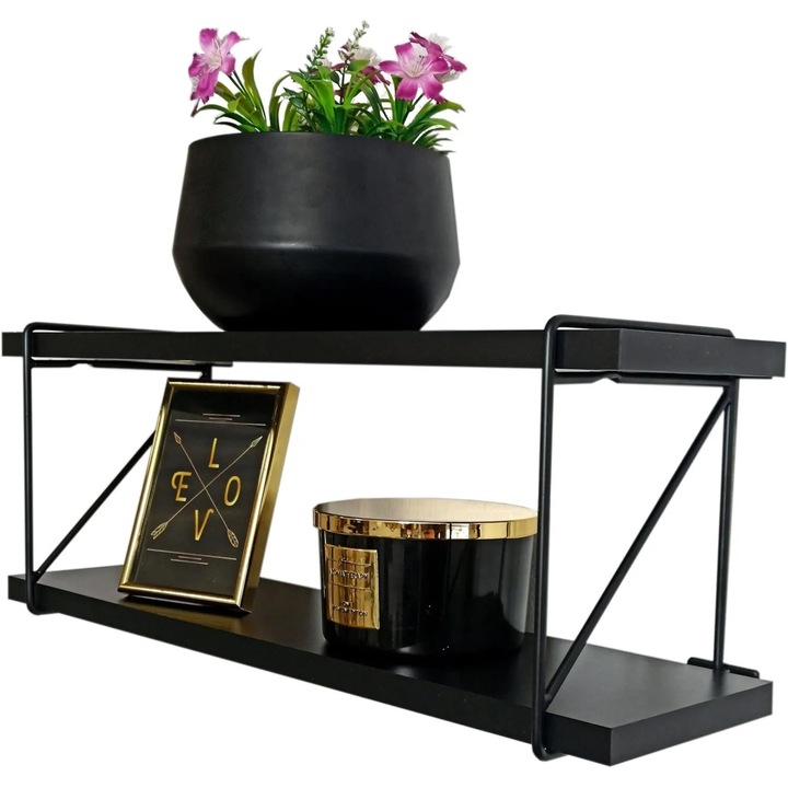 Set 2 Polite cu Console Metalice Pentru Perete, Negru, 40 x 15 cm