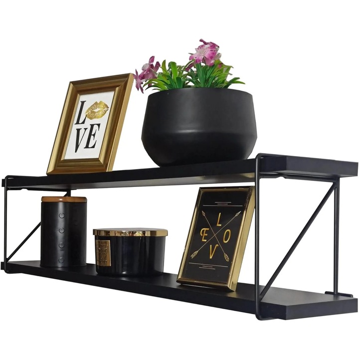 Set 2 Polite cu Console Metalice Pentru Perete, Negru, 80 x 15 cm