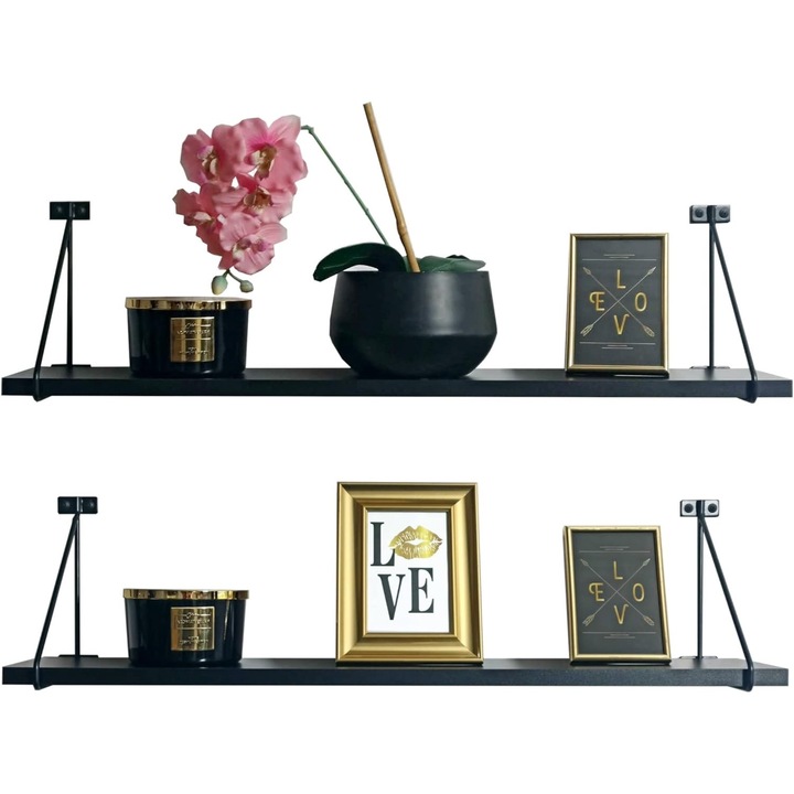 Vervo.ro, 2 db felfüggesztett polc készlet fém tartókkal, fekete, 80 x 15 cm