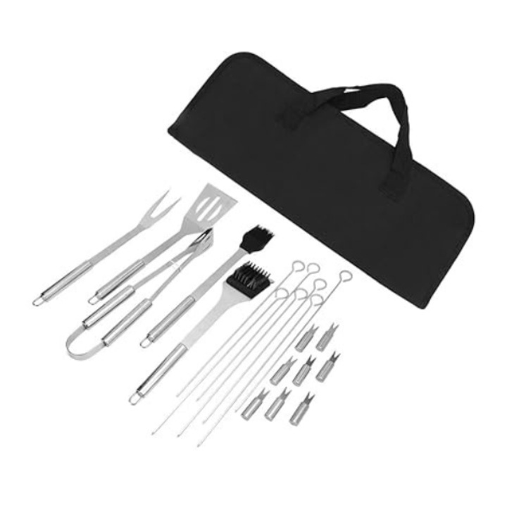 Set 20 ustensile pentru gratar, Otel inoxidabil de calitate superioara, Cu geanta de transport si depozitare, Neagra, Furculita, Cleste, Spatula, Perie pentru ungere, 7 Tepuse Frigarui, 8 Ustensile Porumb, Perie, Argintiu, Zenseller