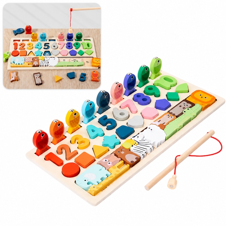 Joc Montessori de lemn 4 in 1 copii, JESWO®, sortator de culori, cifre, forma，animale, si joc de pescuit cu magnet, + 3 ani, jucarie dezvoltare motrica si inteligenta, Multicolor