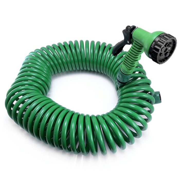 Furtun de gradina, spiralat, pistol de stropit, 7 moduri, 15 m