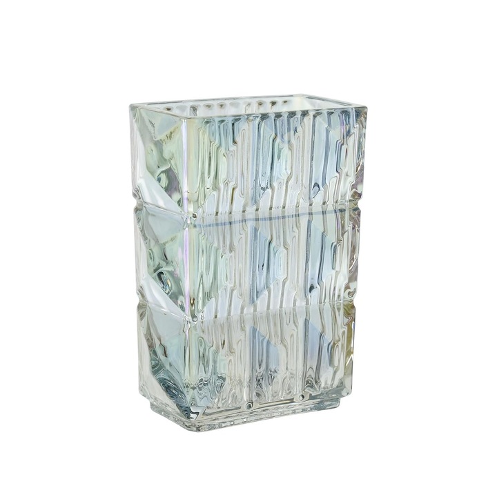 Правоъгълна ваза, изработена от дебело стъкло с отражения, Cristal Design, 20x11.2x6.3 см