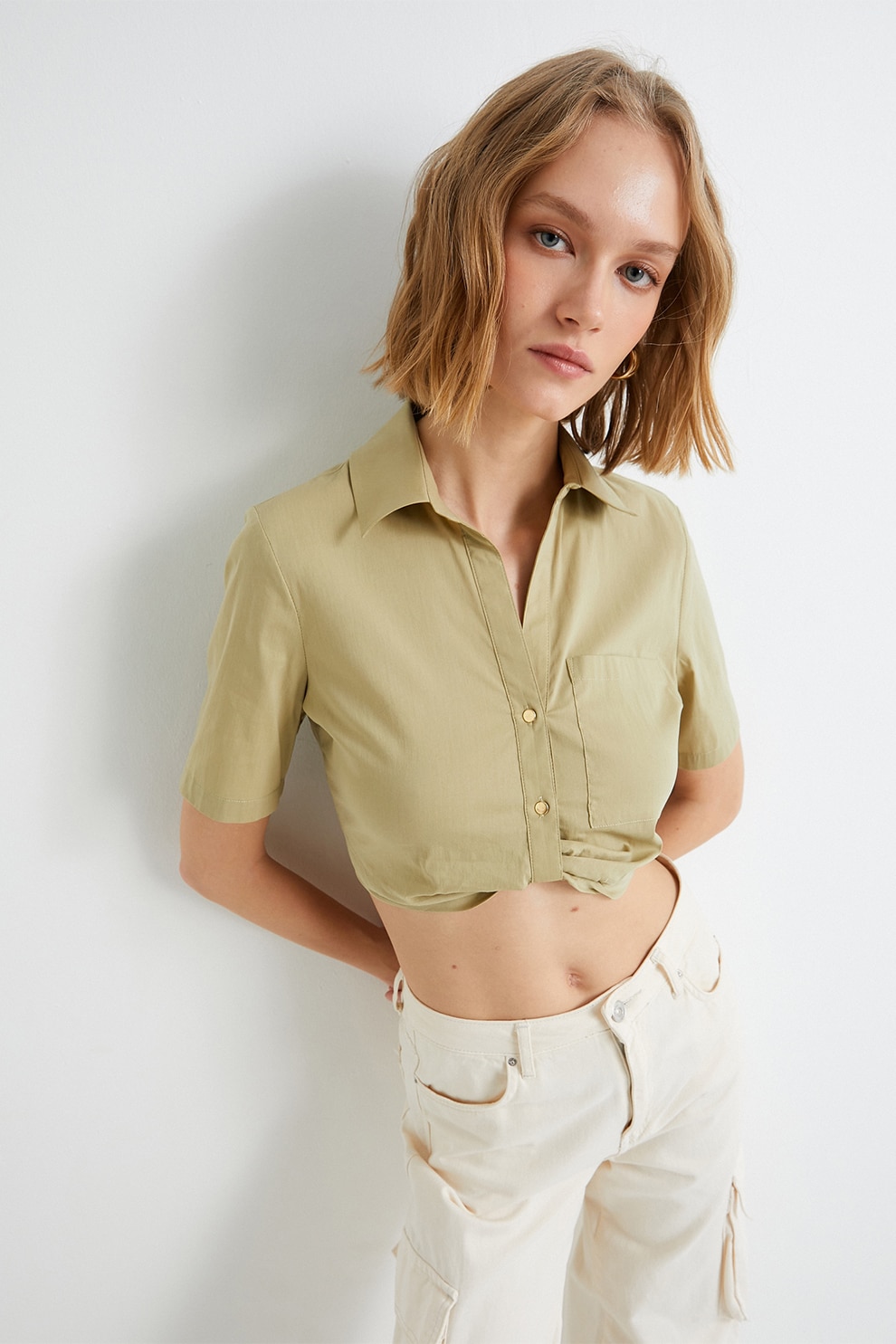 KOTON, Camasa crop din amestec de bumbac, Kaki, 40