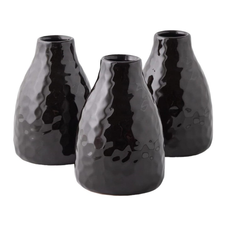 Set 3 vaze decorative negre, Ceramica, Design HoneyComb, 14 x 9.4 cm, Negru