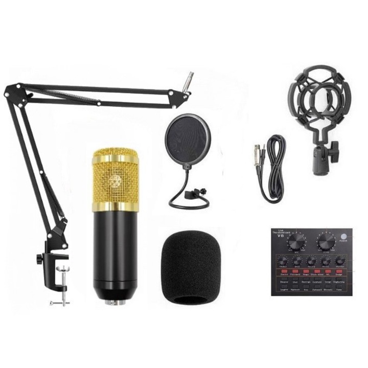 Microfon pentru podcast Cu accesorii, Negru/Auriu BM 800 Suport Microfon Pop Filtre Si Placa de sunet