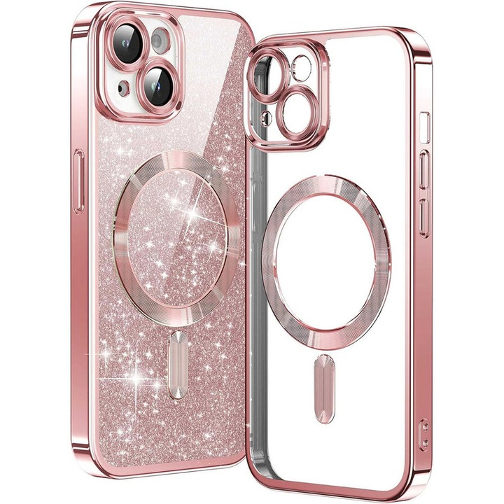 Husa protectie telefon, TPU, Hartie detasabila cu sclipici, Pentru iPhone 14 Pro Max, Auriu roz