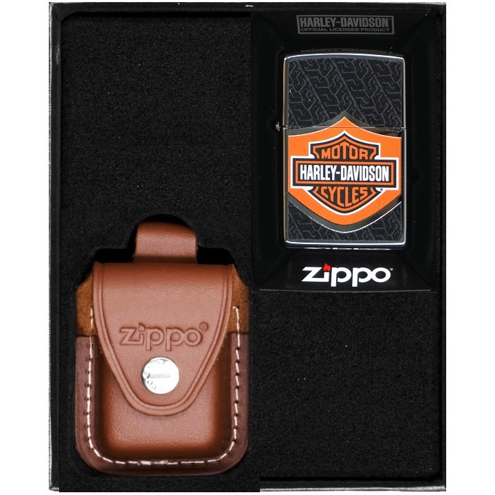 Set Bricheta Zippo, Harley Davidson 4, Piele Naturala, Maro, Multicolor, in Cutie Cadou