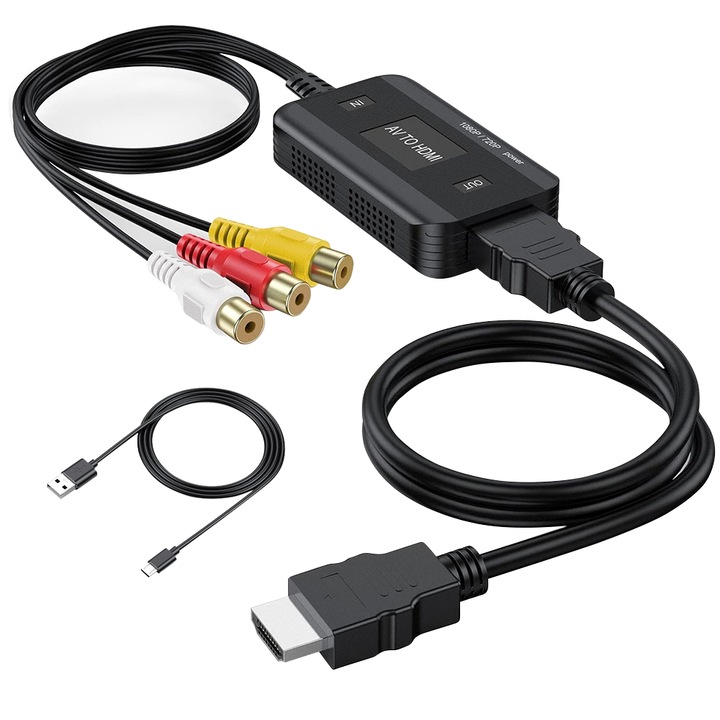 Преобразувател, JESWO AV/RCA към HDMI, ABS, Full HD 1080P, Plug and Play, включен HDMI кабел, черен