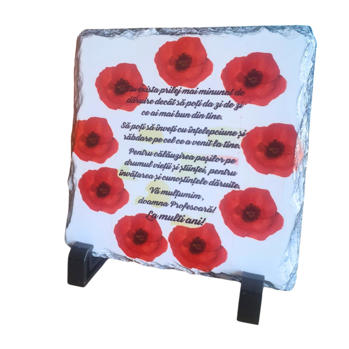 Placa de ardezie, pentru doamna profesoara, 14x14 cm, cu suport de birou