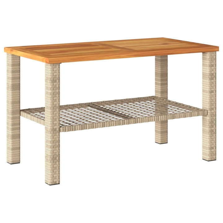 Градинска маса vidaXL, Бежов, 70x38x42 см, Полиратан и акациево дърво, 4.5 Kg