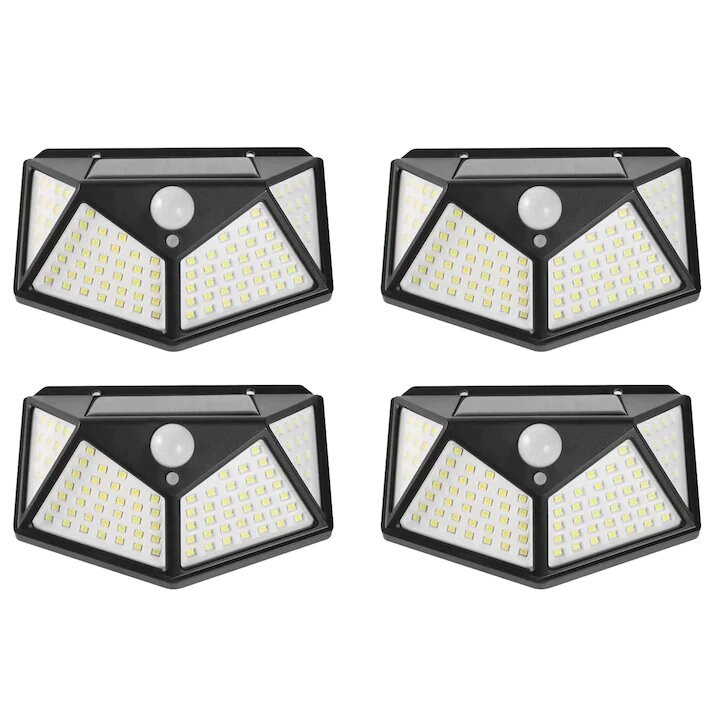 Комплект 4 външни соларни лампи 100 Neco LED, сензор за движение и светлина, 2200mAh