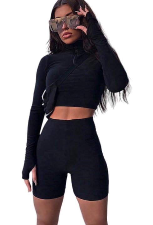 Trening negru fitness femei vara, 2 piese, Material fin, Negru, 36