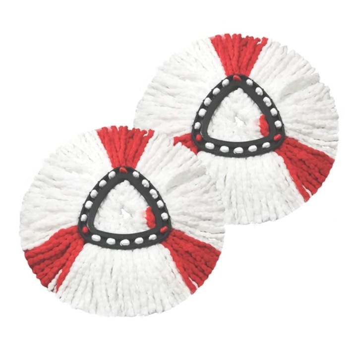 Set 2 Rezerve Mop Rotativ SUPER TRENDS® Compatibile Vileda Easy Wring Turbo si UltraSpin, 2 in 1, Alb/Rosu