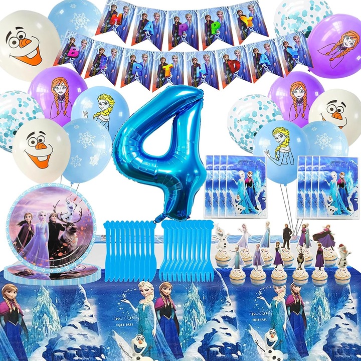 Set de accesorii petrecere aniversare 4 ani format din 25 toppere, 15 baloane latex, 10 farfurii, 10 cutite, 10 furculite, 10 pungute, banner „Happy Birthday”, cifra aniversara, fata de masa, ideal pentru 10 invitati, fetite sau baieti, albastru, Frozen