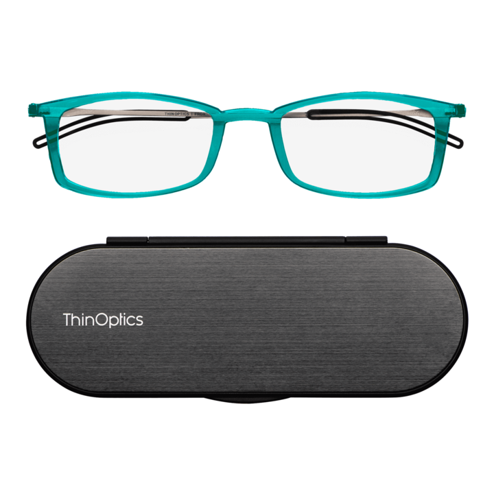 Ochelari de vedere, pentru citit, cu brate, THINOPTICS, +2.00, ultra slim, etui slim magnetic, rame Brooklyn albastru verzui