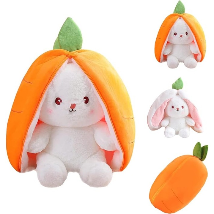 Iepuras de plus Morcov, 25cm, Alb/Portocaliu si breloc plus panda