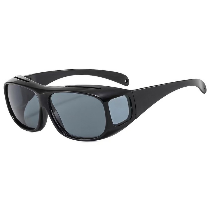 Napszemüveg, Flippy, Polarizált, Vezetéshez, Kerékpározáshoz, Szemüvegre hordható, 400 UV, Fekete lencsével védelemként, Fekete kerettel, 15x5 cm