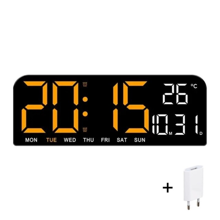Цифров настолен и стенен часовник с оранжева светодиодна светлина, календар, хронометър, температура, аларма, термометър, функция за отлагане, регулируема яркост, 24x9 см