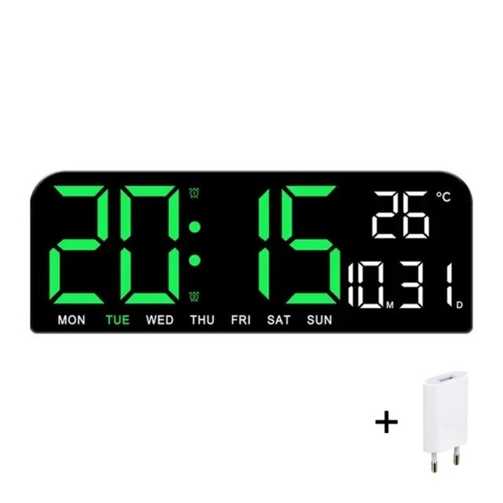 Цифров настолен и стенен часовник със зелена LED светлина, календар, хронометър, температура, аларма, термометър, функция за отлагане, регулируема яркост, 24x9 см
