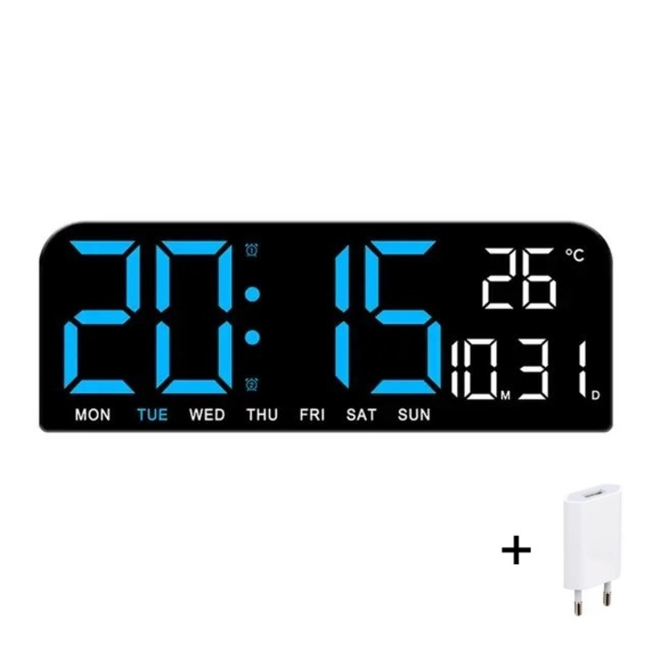 Цифров настолен и стенен часовник със синя LED светлина, календар, хронометър, температура, аларма, термометър, функция за отлагане, регулируема яркост, 24x9 cm