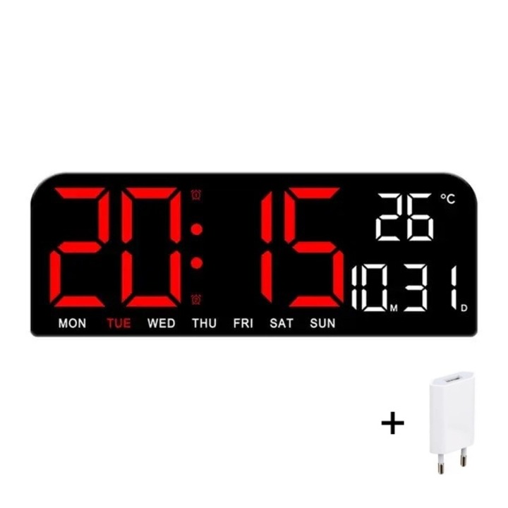 Цифров настолен и стенен часовник с червена LED светлина, календар, хронометър, температура, аларма, термометър, функция за отлагане, регулируема яркост, 24x9 cm