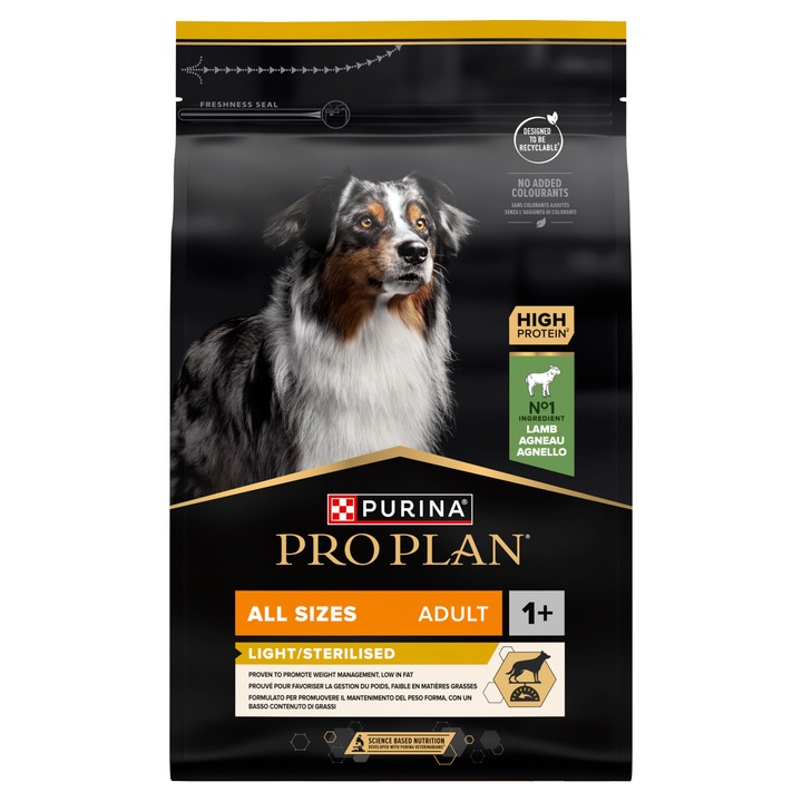 Суха храна за кучета, Nestle Pro Plan, Light Sterilized, агнешко, всички размери, 3 кг