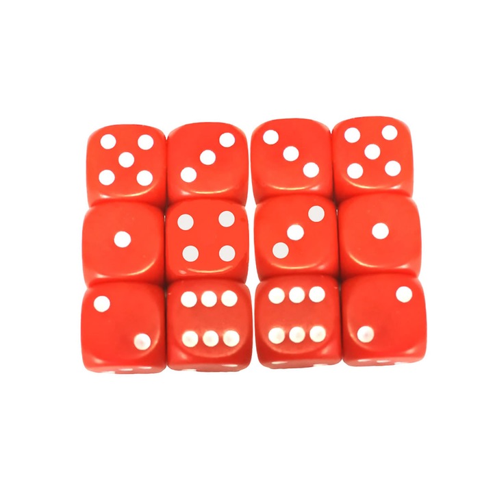 Set 12 zaruri extrafinisate, latura 16 mm, culoare rosie opaca