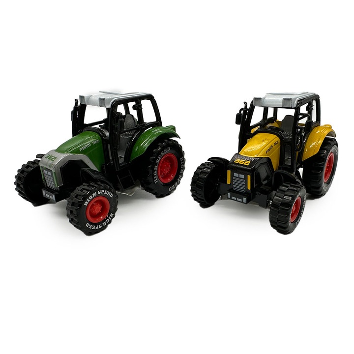 Set 2 Tractorase de metal, 9cm, verde si galben, pull-back, VisionXXI