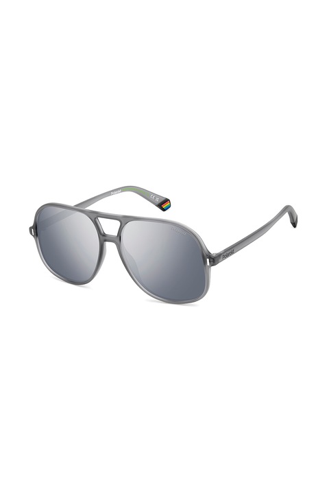 Polaroid, Ochelari de soare aviator polarizati unisex cu lentile-oglinda, Gri inchis, 57-15-140