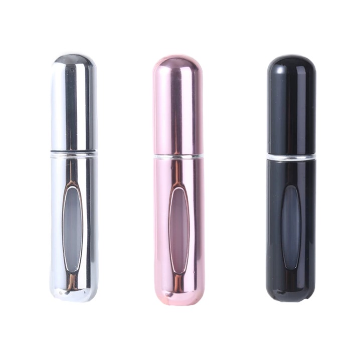 Set recipiente de parfumuri pentru calatorie, 5 ml, Set 3 mini recipiente de atomizare, Recipient reincarcabil pentru parfum, Multicolor
