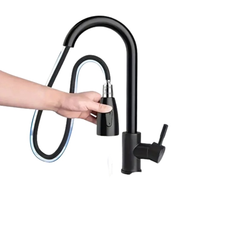 GLIMATECH konyhai csaptelep kihúzható zuhanyzóval, 360 fokban forgatható kifolyóval, kétféle sugárral, rozsdamentes acélból készült, tartozékokkal, modern és elegáns dizájn, intenzív fekete szín