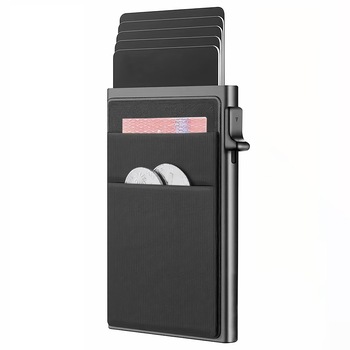 Portofel subtire din aluminiu pentru carduri, JESWO®, RFID/NFC, Suport de card pop-up, Negru