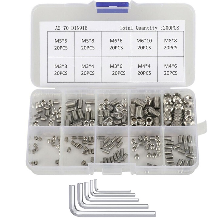 Комплект 200 винта с шестостен, Axroad Mall, M3/M4/M5/M6/M8, С 5 ключа, Прозрачна кутия за съхранение, За дръжки на врати, кранове, осветителни тела, Неръждаема стомана/Стомана, 10 различни размера, Сребрист