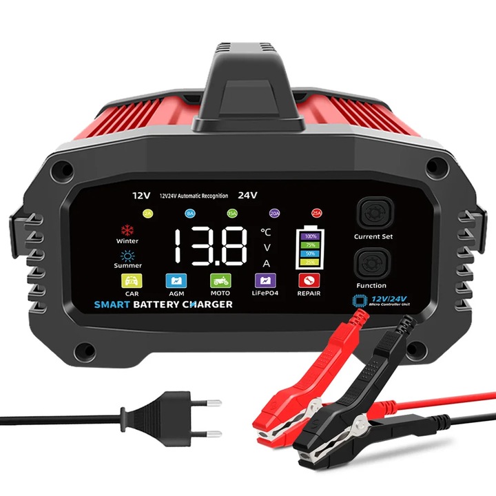 Цифров токоизправител за кола, MOSMAOO®, 12V/24V, 2A/8A/15A/20A/25A, функция за ремонт на импулсна батерия, зареждане на батерия с LCD дисплей, Smart, кола, мотоциклет, камион, регулиране на напрежението, LCD, розово/черно