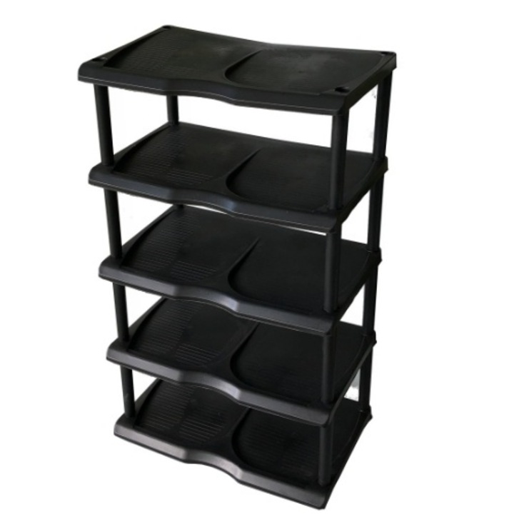 Etajera din plastic pentru pantofi cu 5 niveluri, Negru, 47 x 30 x 77 cm