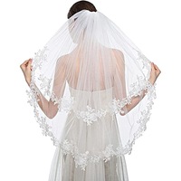 Voal de mireasa lung pana la coate, bordurat cu dantela florala, Cu pieptane, 78cm, Tul, Alb